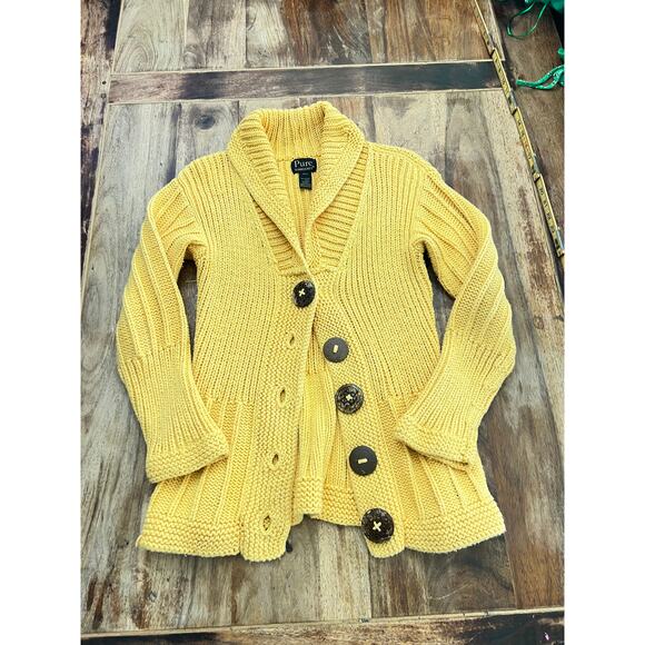 Pure Handknit Women's Yellow 100% Cotton chunky Cardigan Sweater Size M/L - Picture 2 of 4